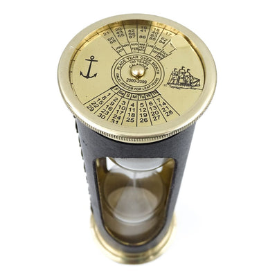 Reloj de arena de 5 minutos con reloj mundial y calendario perpetuo en estuche de cuero