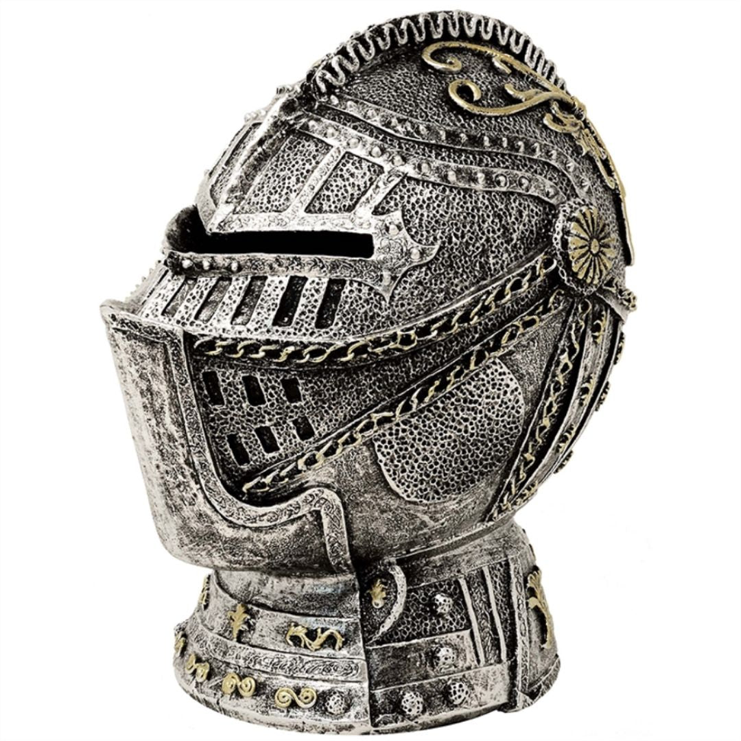 Hucha decorativa con forma de casco de caballero y grabado: plata envejecida, 13 cm