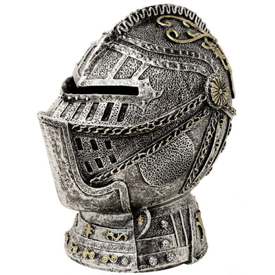 Hucha decorativa con forma de casco de caballero y grabado: plata envejecida, 13 cm