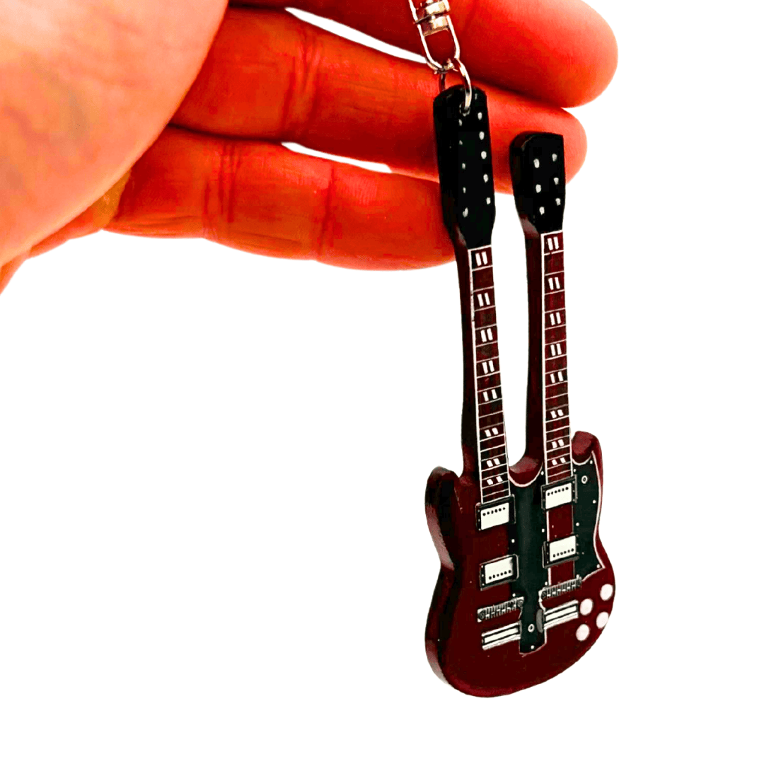 Breloczek Gitara Led Zeppelin - Jimmy Page - Personalizowany Grawer - Czerwony Mahoniowy - Idealny Prezent dla Gitarzysty i Fana Rocka - Wymiary 6 x 11 x 0,5 cm