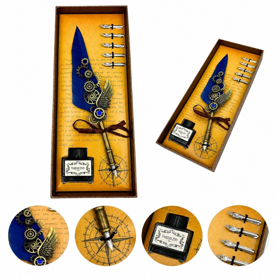 Set de Caligrafía Retro con Pluma de Ganso Azul, 6 Plumillas, Tinta, Personalización con Grabado, Elegante Regalo de Estilo Vintage