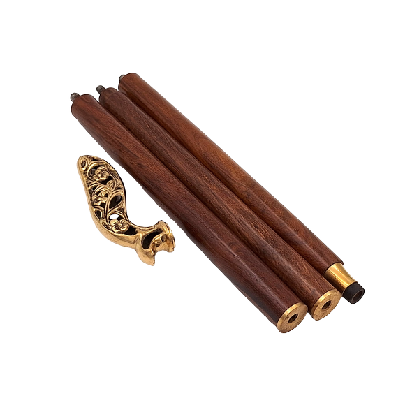 Elegante bastón plegable de madera con mango ricamente decorado en color marrón y dorado con posibilidad de personalización con grabado