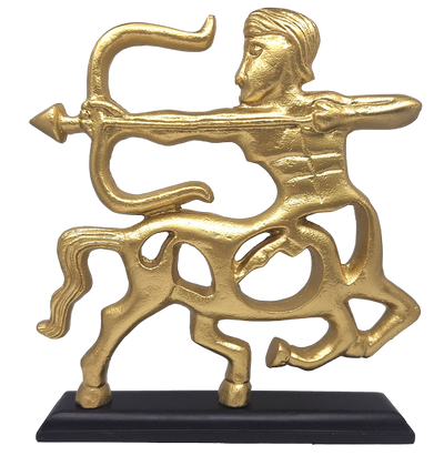 Figura decorativa dorada de Sagitario con base de madera y opción de personalización mediante grabado