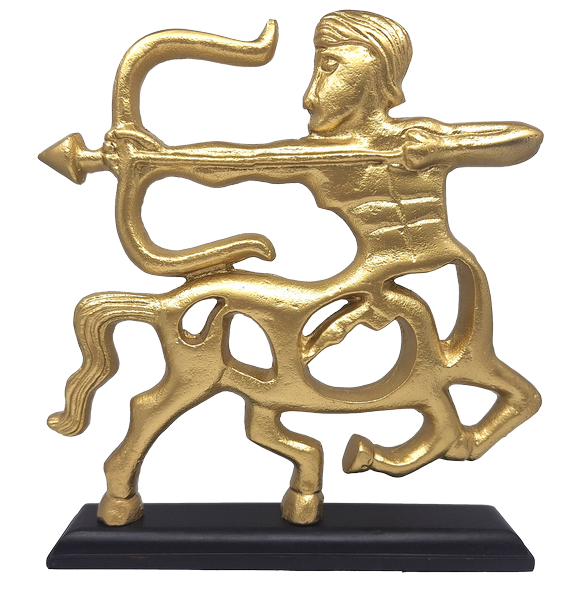 Figura decorativa dorada de Sagitario con base de madera y opción de personalización mediante grabado