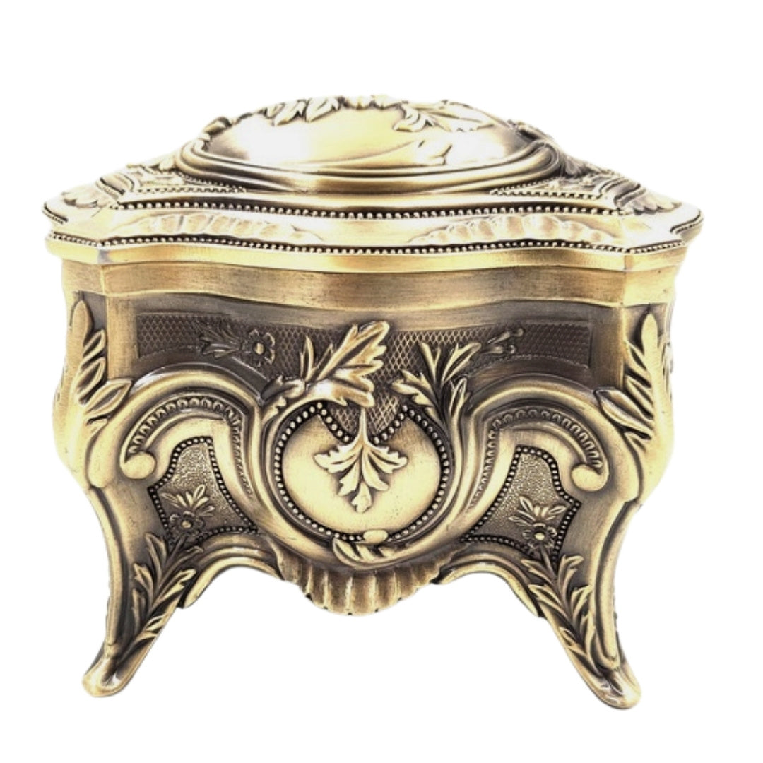 Caja metálica dorada para joyas retro con posibilidad de personalización mediante grabado - Elegante y ricamente decorada, ideal para regalo - Dimensiones: 10,8 x 7,7 x 9,2 cm, maciza y llamativa, perfecta para guardar objetos valiosos