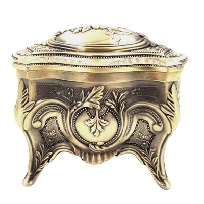 Caja metálica dorada para joyas retro con posibilidad de personalización mediante grabado - Elegante y ricamente decorada, ideal para regalo - Dimensiones: 10,8 x 7,7 x 9,2 cm, maciza y llamativa, perfecta para guardar objetos valiosos