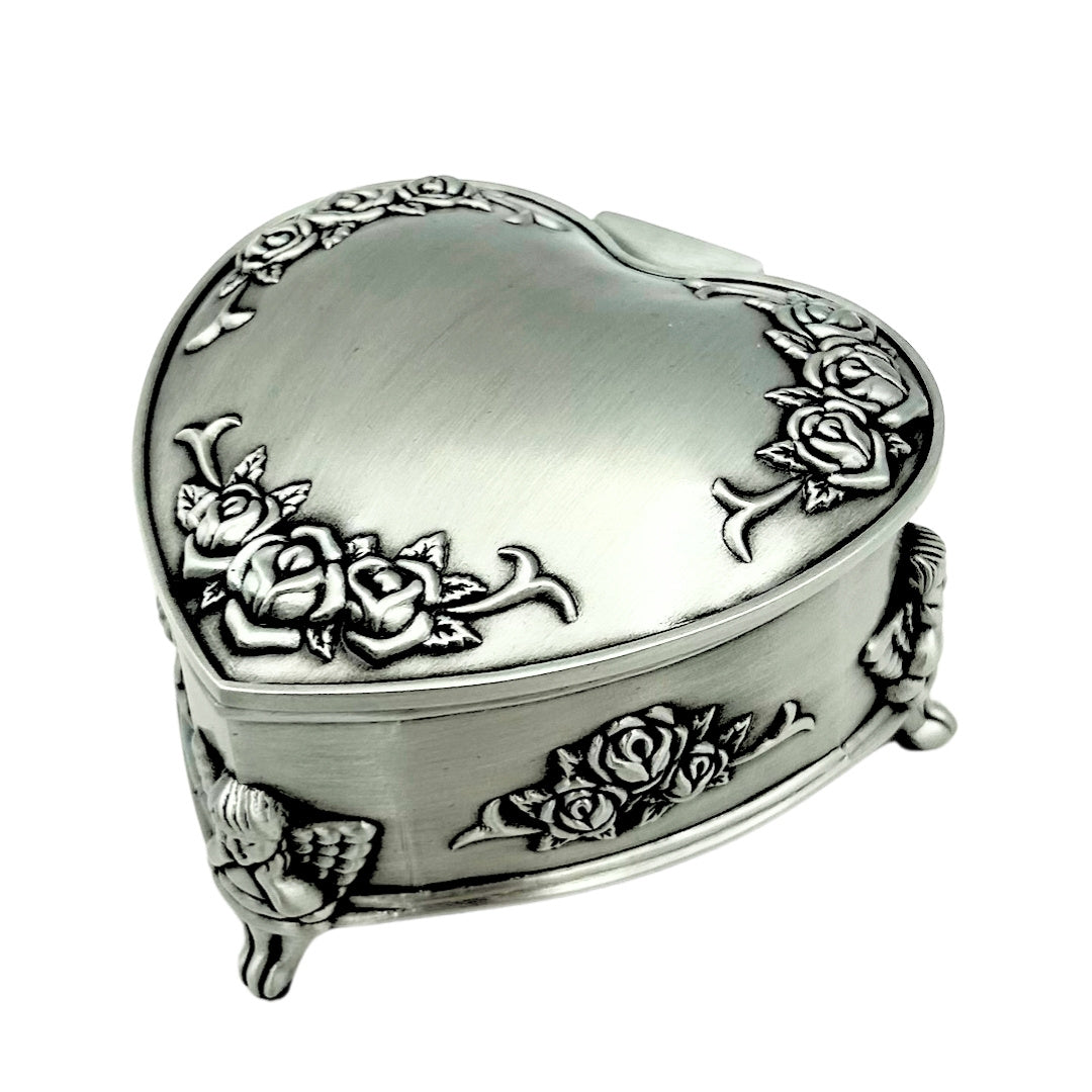 Caja metálica en forma de corazón con posibilidad de personalización mediante grabado – regalo elegante para San Valentín, aniversario o cumpleaños, decorada con motivo de rosa, dimensiones 8,7 x 8,4 x 5,1 cm
