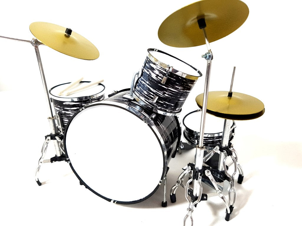 Mini batería blanco y negro MDR-0015 1:5 con opción de personalización con grabado - regalo perfecto para amantes de la música, hecha de metal y plástico, altura 15 cm, ancho 20 cm, profundidad 20 cm, para montaje propio