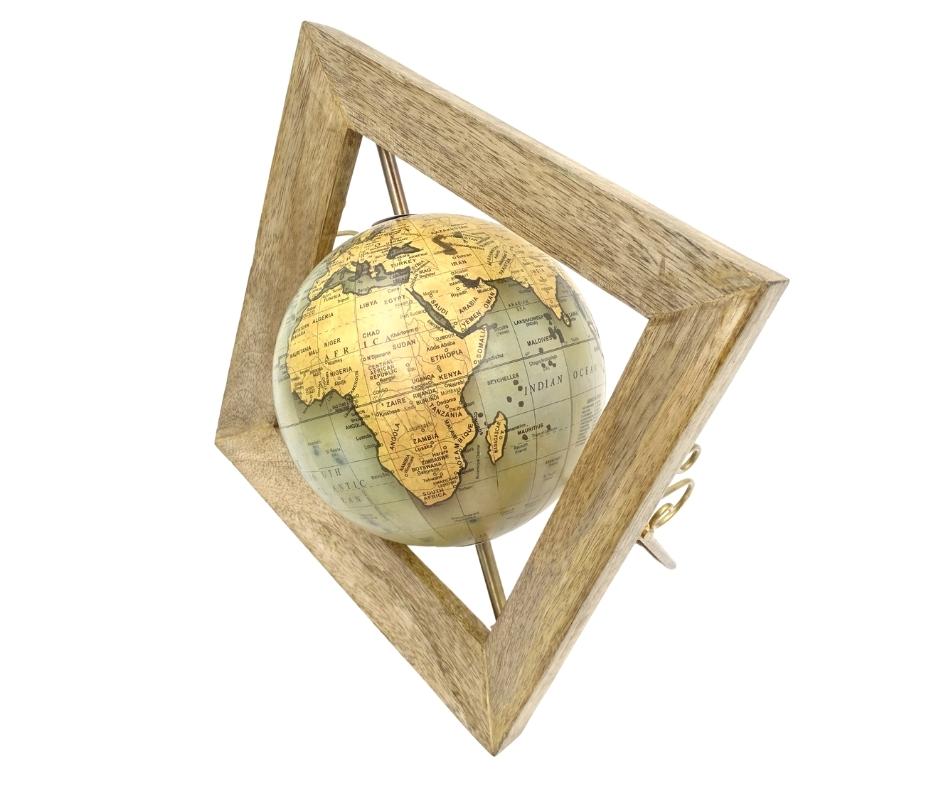 Globo Decorativo GLB-40 en Marco de Madera con Posibilidad de Personalización con Grabado, Mapa Azul y Amarillo, Diámetro 15 cm