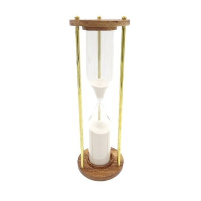Reloj de arena de latón y madera de 30min, personalizable con grabado: un regalo elegante para cualquier ocasión, 30,5cm de alto, arena blanca y materiales clásicos