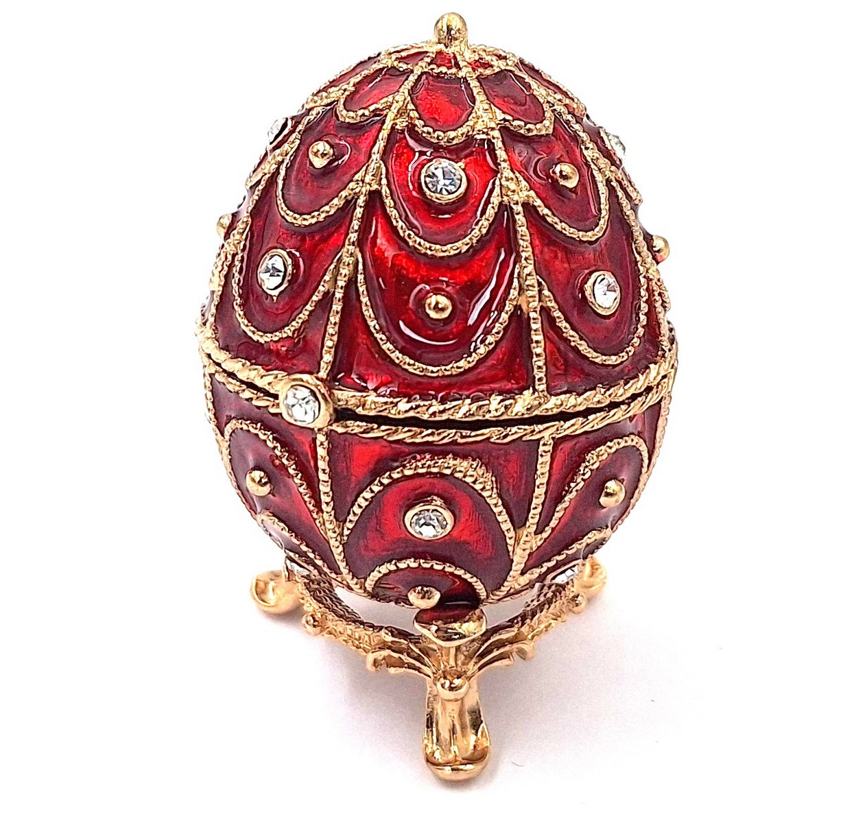 Exclusiva caja metálica Fabergé con cristales en color rojo y dorado, posibilidad de personalización con grabado, ideal para regalo, dimensiones 5,5x6,5 cm