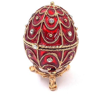 Exclusiva caja metálica Fabergé con cristales en color rojo y dorado, posibilidad de personalización con grabado, ideal para regalo, dimensiones 5,5x6,5 cm