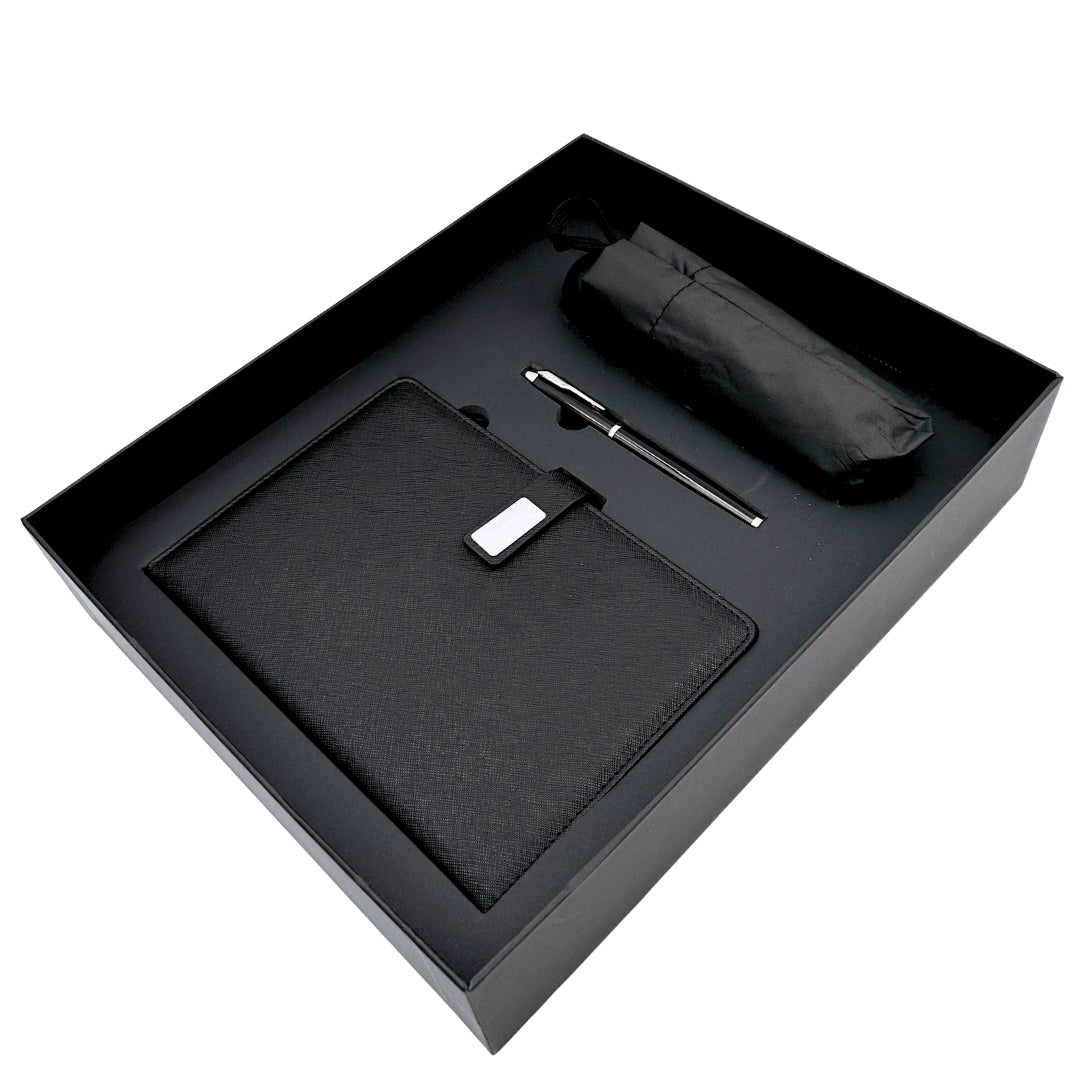 Set de Regalo Elegante con Personalización - Cuaderno de Piel A5, Bolígrafo y Paraguas Negro en Caja de Regalo