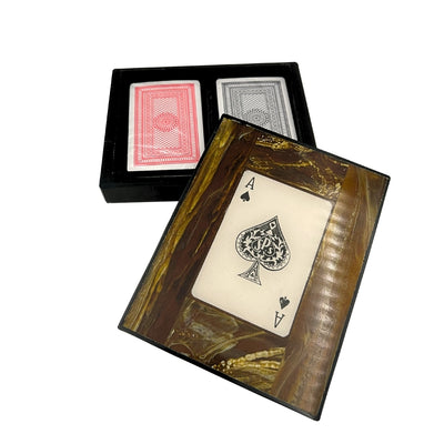 Conjunto elegante de dos barajas de cartas en caja de resina con posibilidad de personalización con grabado