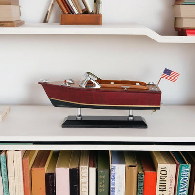 Modelo de lancha motora de madera con grabado – barco motor clásico 26 cm en tonos profundos de madera