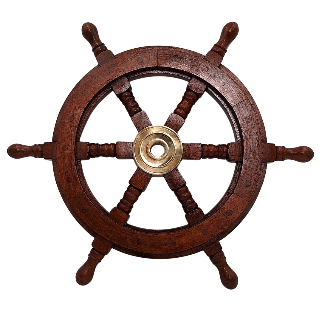 Timón de madera de 45 cm con centro de latón - grabado personalizado - decoración marinera retro para regalo a navegante o amante del mar