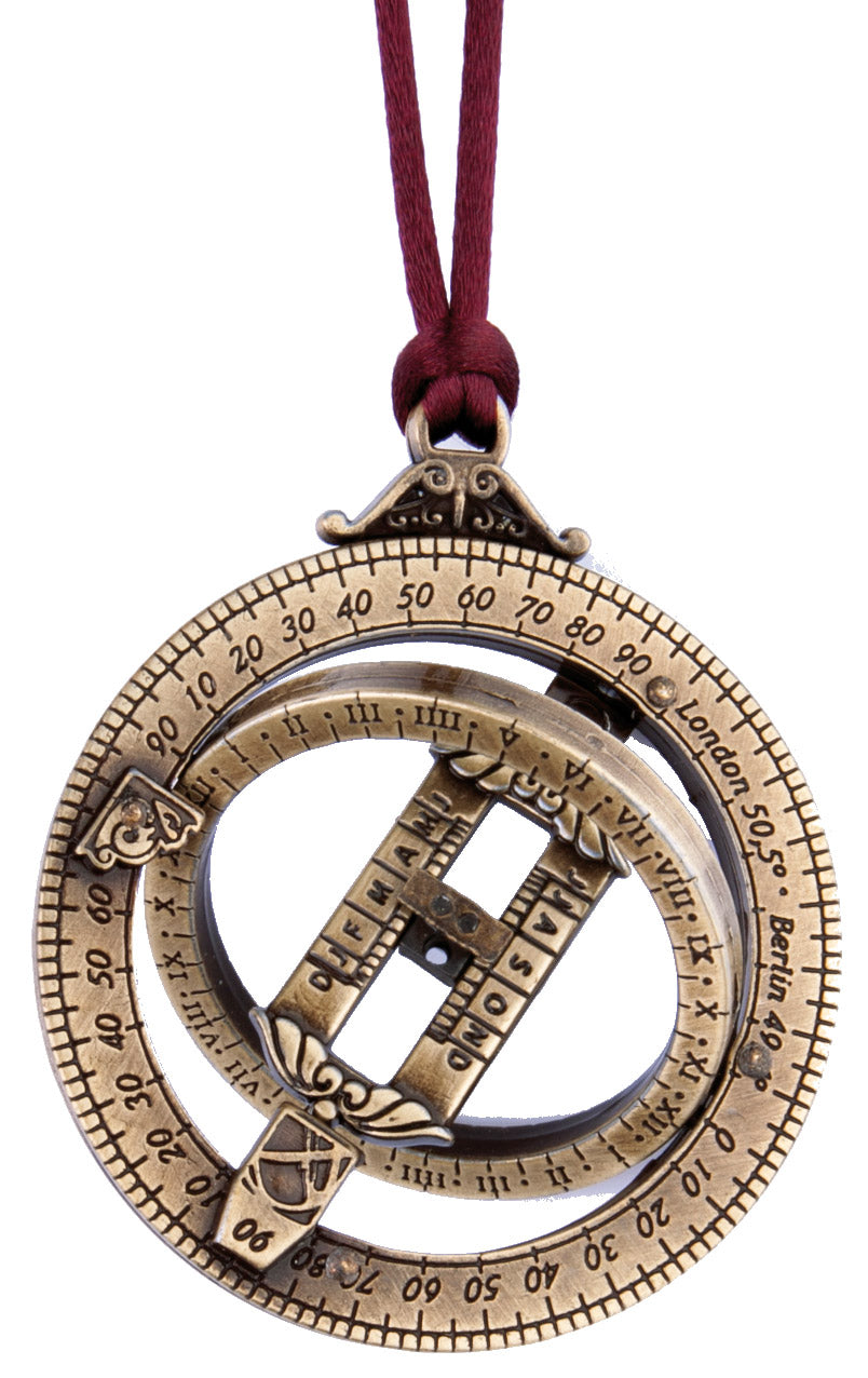 Miniatura de reloj de sol H90 con anillos astronómicos, grabado personalizado, regalo ideal, colgante burdeos, hecho de zincal y latón, diámetro 45 mm