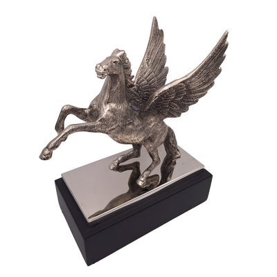 Figura decorativa de Pegaso de aluminio sobre base de acero y madera, grabado personalizado, regalo elegante para amantes de la mitología griega, altura 36 cm, color plateado con base negra