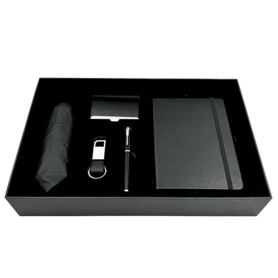 Set de Regalo Elegante Classico con Personalización - Cuaderno de Piel A5, Paraguas, Bolígrafo, Porta Tarjetas y Llavero en Caja Estética de Regalo