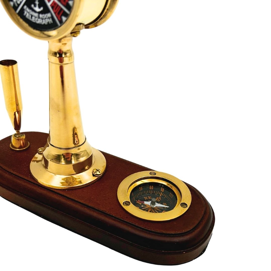 Elegante conjunto de escritorio con grabado – Telégrafo de máquina, brújula y soporte para bolígrafo con base de madera – Regalo ideal para navegante, gerente o amante del estilo retro – Latón y madera de alta calidad, dimensiones 16,5 x 6 x 16,8 cm  
