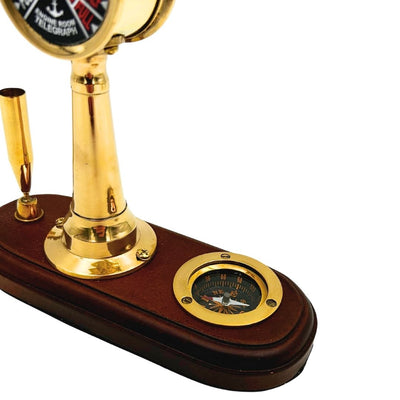 Elegante conjunto de escritorio con grabado – Telégrafo de máquina, brújula y soporte para bolígrafo con base de madera – Regalo ideal para navegante, gerente o amante del estilo retro – Latón y madera de alta calidad, dimensiones 16,5 x 6 x 16,8 cm  