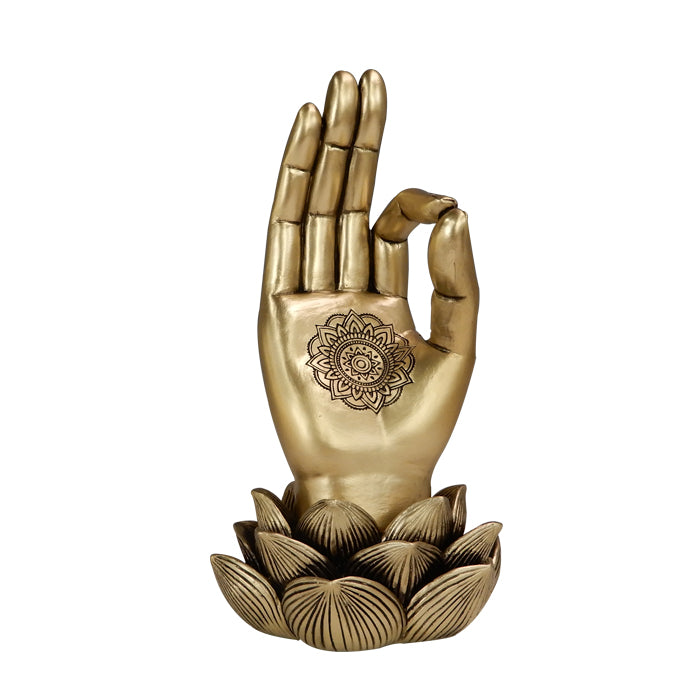 Figura dorada Mano de Buda Mudra OM con grabado - decoración elegante para regalo - flor de loto, 21 cm, polyresina, estilo glamour