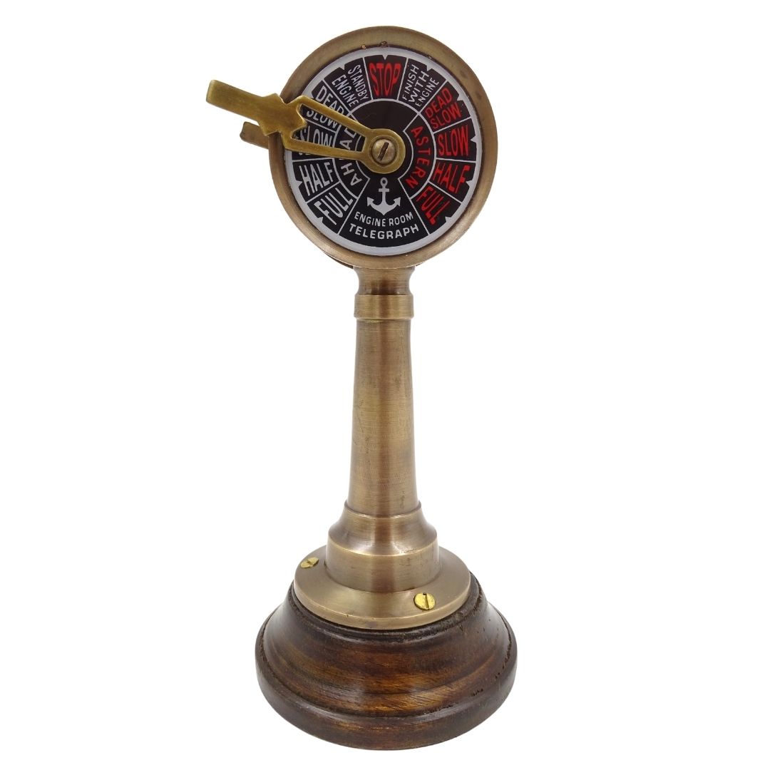 Telégrafo de máquina TG4 naval con grabado - Regalo personalizado en latón y madera, altura 16,5 cm, colores dorado y marrón