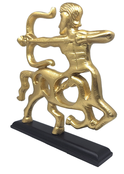 Figura decorativa dorada de Sagitario con base de madera y opción de personalización mediante grabado