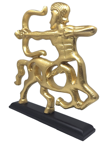 Figura decorativa dorada de Sagitario con base de madera y opción de personalización mediante grabado