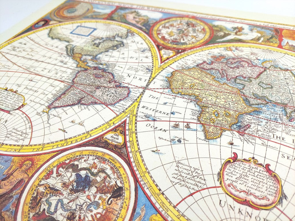 Mapa Mundial Retro con Grabado - Decoración Personalizada para Regalo - Reimpresión de John Speed de 1651 - Dimensiones 52 x 39 cm - Gráfica Colorida y Detallada
