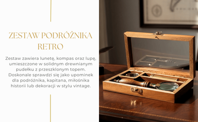 Conjunto de viajero con catalejo, brújula y lupa en caja de madera con opción de grabado personalizado  