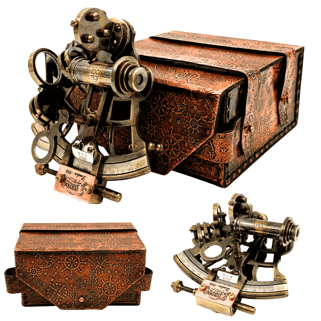 Sextante retro de latón en estuche de cuero - instrumento de navegación elegante con opción de grabado - regalo ideal para amantes de la navegación e historia - dimensiones 13x12x7 cm