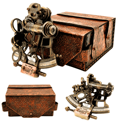 Sextante retro de latón en estuche de cuero - instrumento de navegación elegante con opción de grabado - regalo ideal para amantes de la navegación e historia - dimensiones 13x12x7 cm