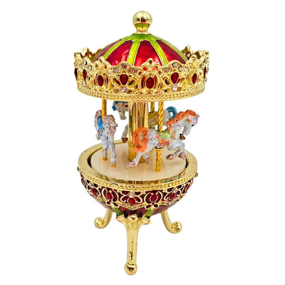 Caja de Música Carrusel con Grabado - Decoración Elegante en Dorado y Rojo, 14 cm