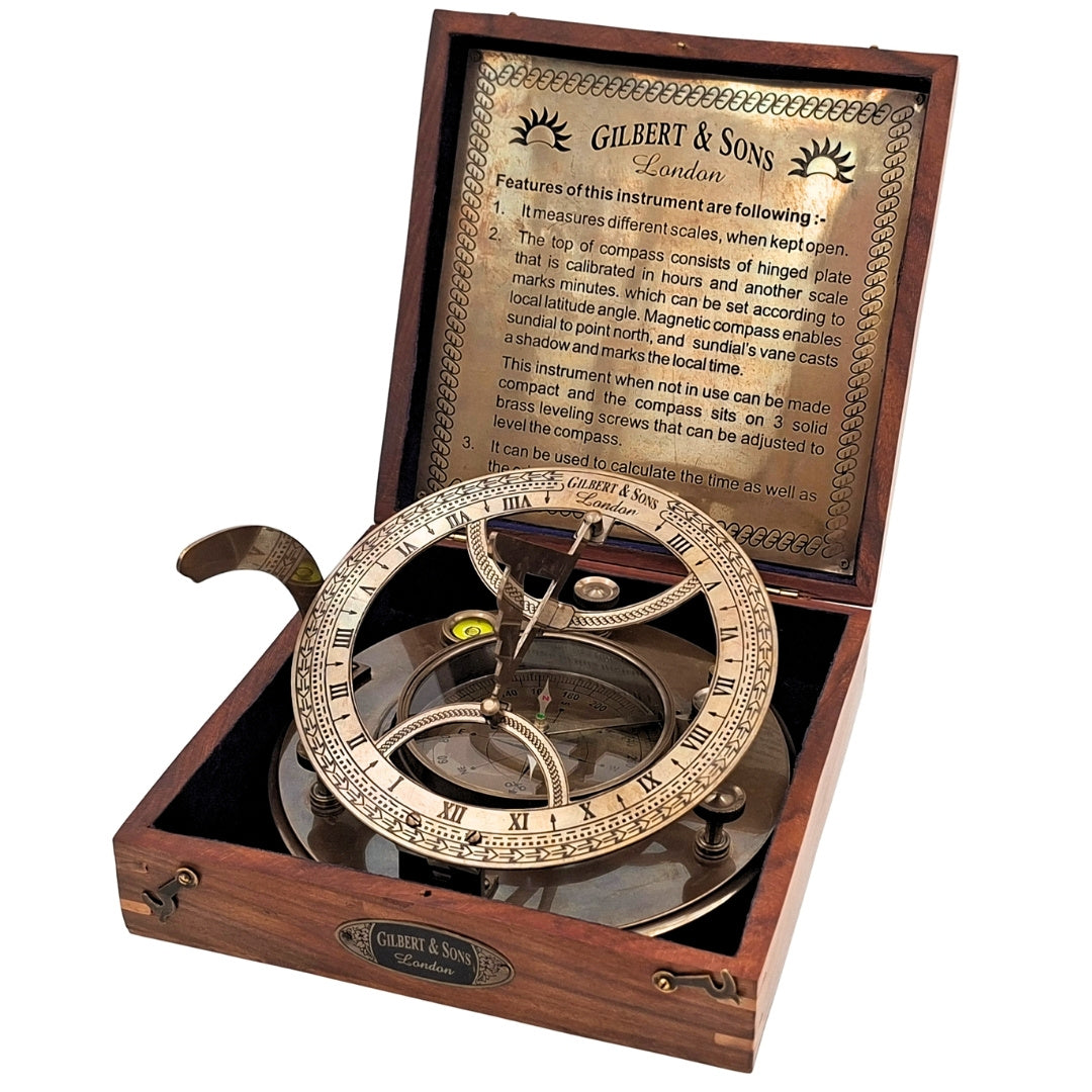 Gran Brújula de Latón XXL con Reloj de Sol en Elegante Caja de Madera
