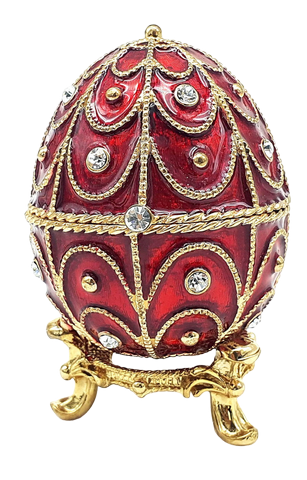 Exclusiva caja metálica Fabergé con cristales en color rojo y dorado, posibilidad de personalización con grabado, ideal para regalo, dimensiones 5,5x6,5 cm