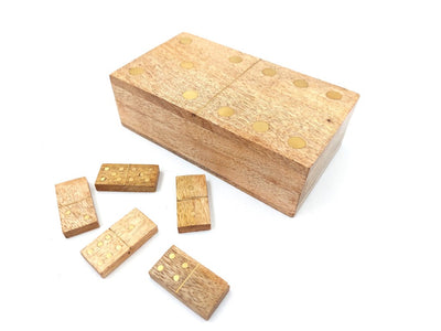 Dominó de madera de mango en caja con grabado - regalo personalizado para adultos, 28 fichas, adornos de latón, dimensiones de la caja 15 x 8 x 4,5 cm