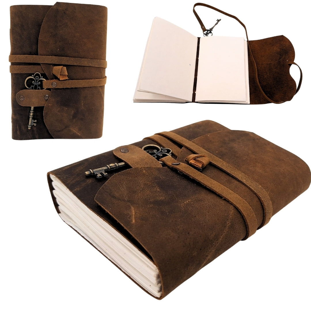 Cuaderno de cuero retro con llave y correa, 200 páginas, 18 x 13 cm