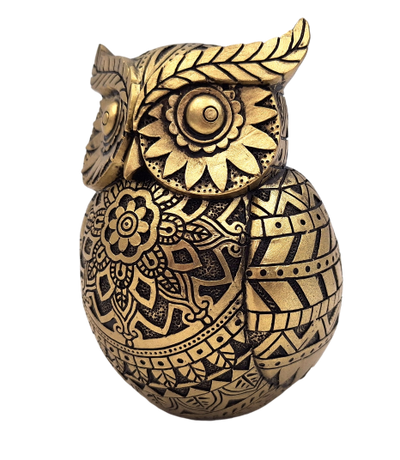 Búho de la sabiduría con posibilidad de personalización con grabado, decoración en color dorado y negro, altura 13,6 cm, regalo ideal para cualquier ocasión