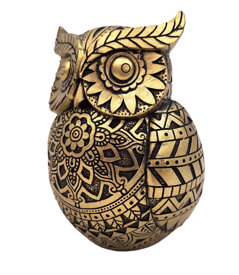 Búho de la sabiduría con posibilidad de personalización con grabado, decoración en color dorado y negro, altura 13,6 cm, regalo ideal para cualquier ocasión