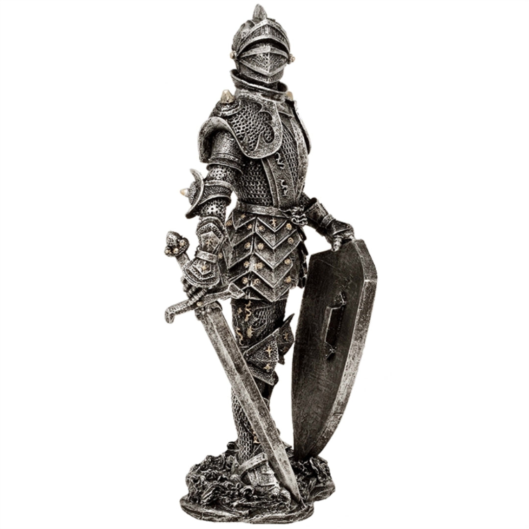 Figura decorativa Caballero en armadura plateada 30 cm con opción de grabado personalizado - Regalo elegante para amantes de la historia y fantasía, pintada a mano en poliresina  