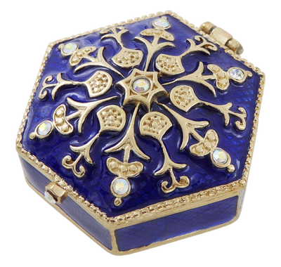 Elegante caja metálica de regalo con cristales B0035-08BL en colores azul marino y dorado con posibilidad de personalización con grabado