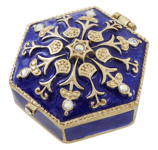 Elegante caja metálica de regalo con cristales B0035-08BL en colores azul marino y dorado con posibilidad de personalización con grabado