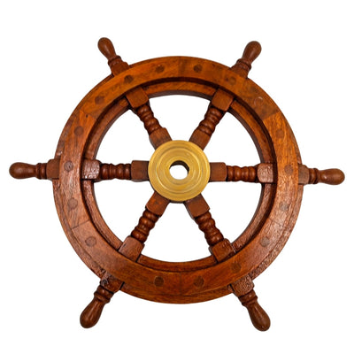 Timón de madera con inserto de latón y espacio para cuña - diámetro 30 cm - regalo ideal con opción de personalización mediante grabado - estilo náutico y retro