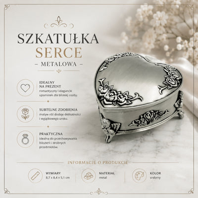 Caja metálica en forma de corazón con posibilidad de personalización mediante grabado – regalo elegante para San Valentín, aniversario o cumpleaños, decorada con motivo de rosa, dimensiones 8,7 x 8,4 x 5,1 cm