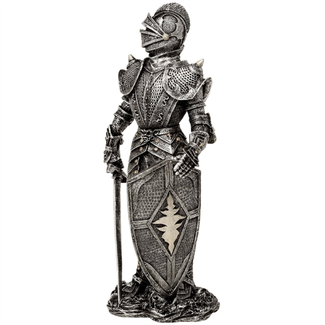 Figura decorativa Caballero en armadura plateada 30 cm con opción de grabado personalizado - Regalo elegante para amantes de la historia y fantasía, pintada a mano en poliresina  