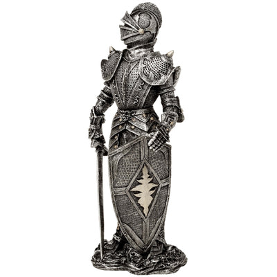 Figura decorativa Caballero en armadura plateada 30 cm con opción de grabado personalizado - Regalo elegante para amantes de la historia y fantasía, pintada a mano en poliresina  