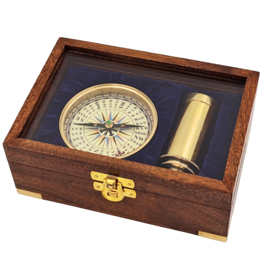 Set de regalo con brújula de latón y catalejo en elegante caja de madera con grabado