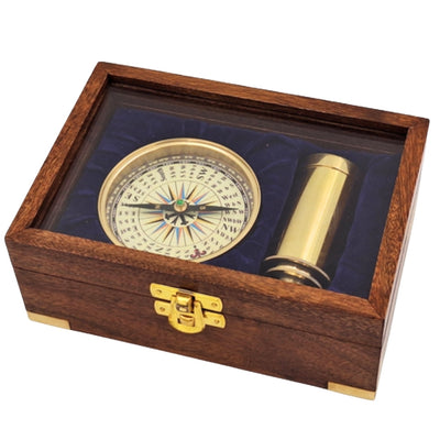 Set de regalo con brújula de latón y catalejo en elegante caja de madera con grabado