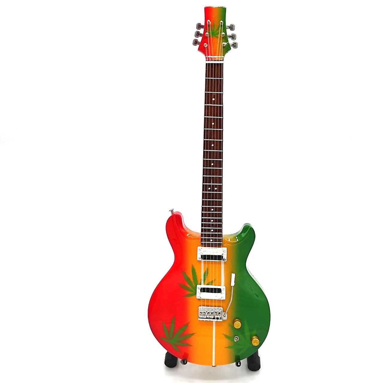 Mini guitarra Bob Marley Tribute Ganja MGT-0468 con posibilidad de grabado personalizado, regalo ideal para fans del reggae, hecha a mano en madera de caoba, altura 27,5 cm, colores amarillo, rojo, verde, blanco  
